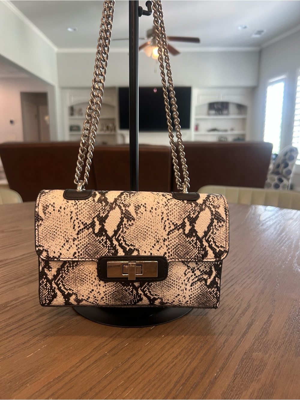 Steve Madden Snakeskin Print Chain Shoulder Bag Black White